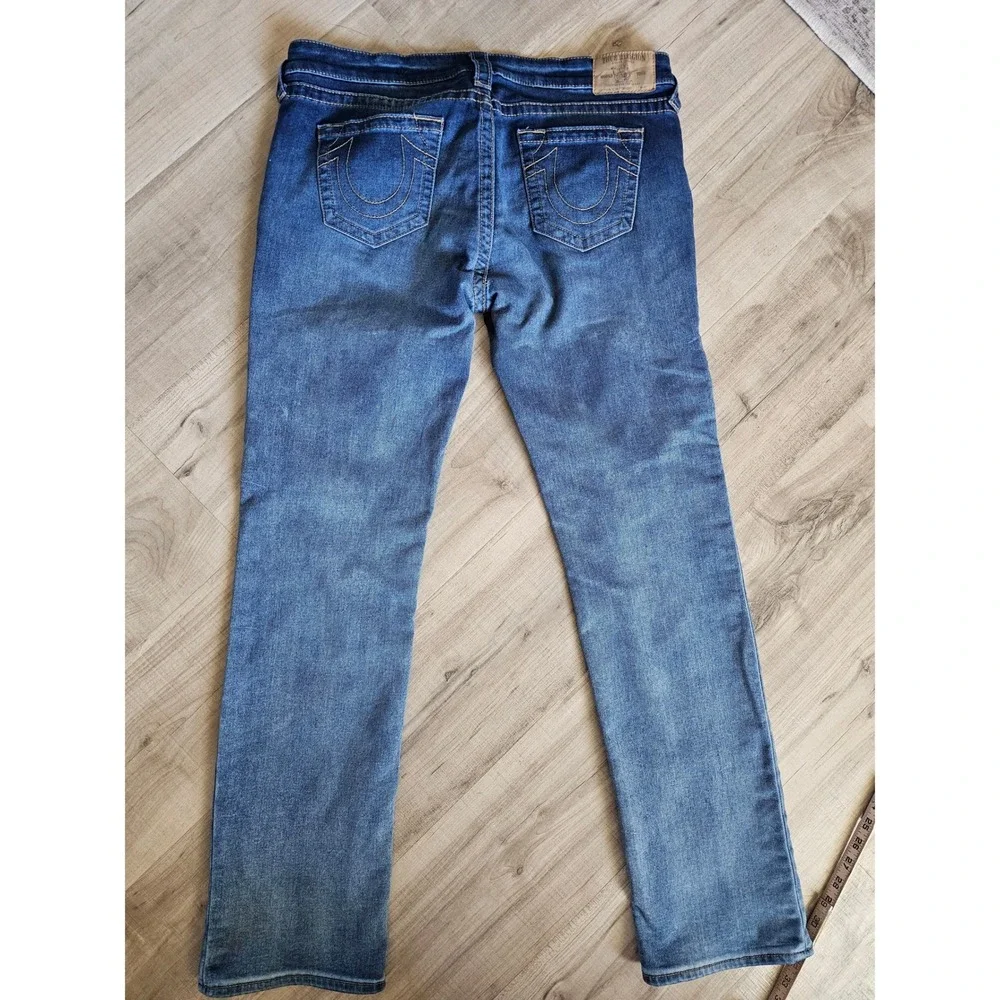 True Religion Mens Slim Straight Distressed Blue Jeans Size 33 Medium Wash